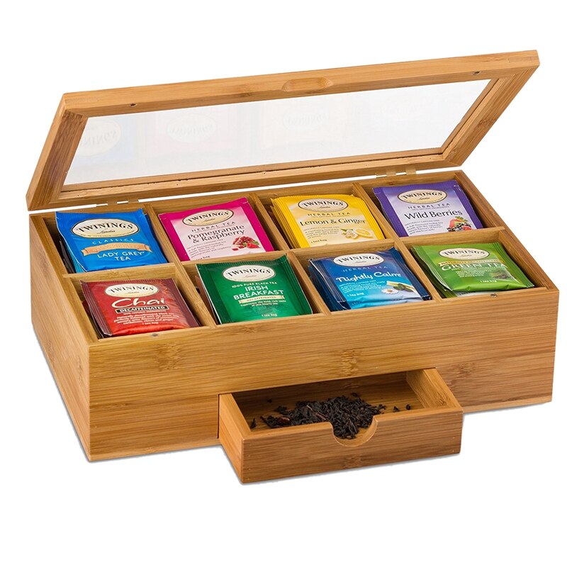 Tea Organizer Bamboo Tea Box with Small Drawer 100% Natural Bamboo Tea Chest - Great Idea