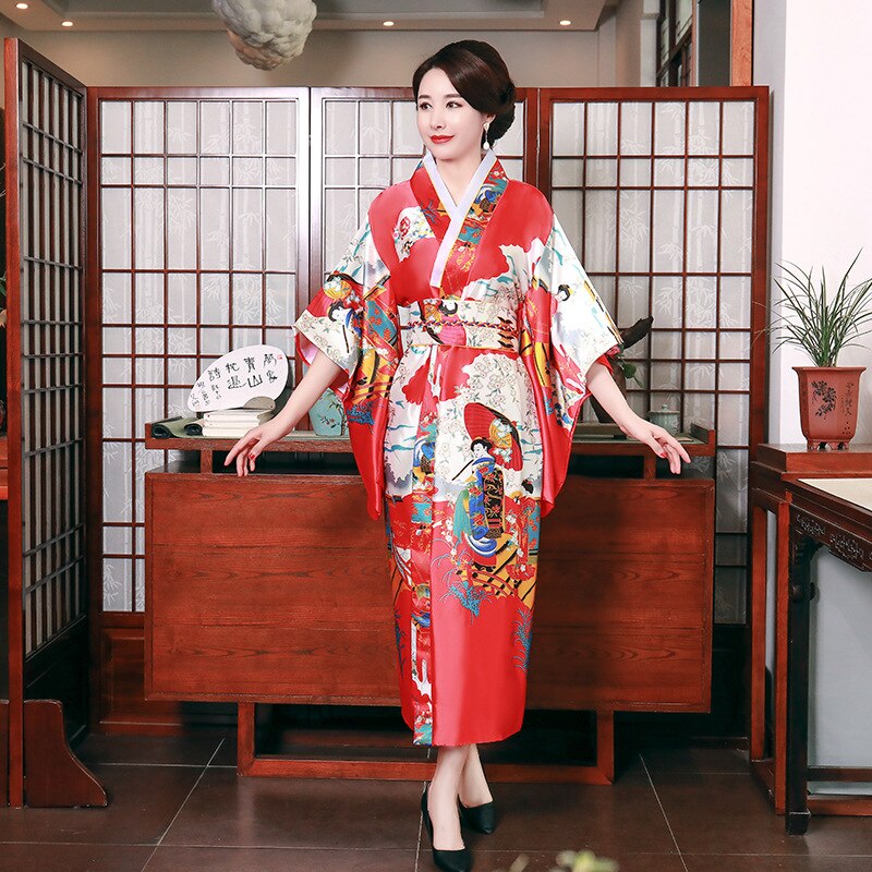 Satijnen Pyjama Japanse Kimono Dames Zomer Mid Mouwen Bridal Dressing Gown Plus Size Home Service Kamerjas Badjas