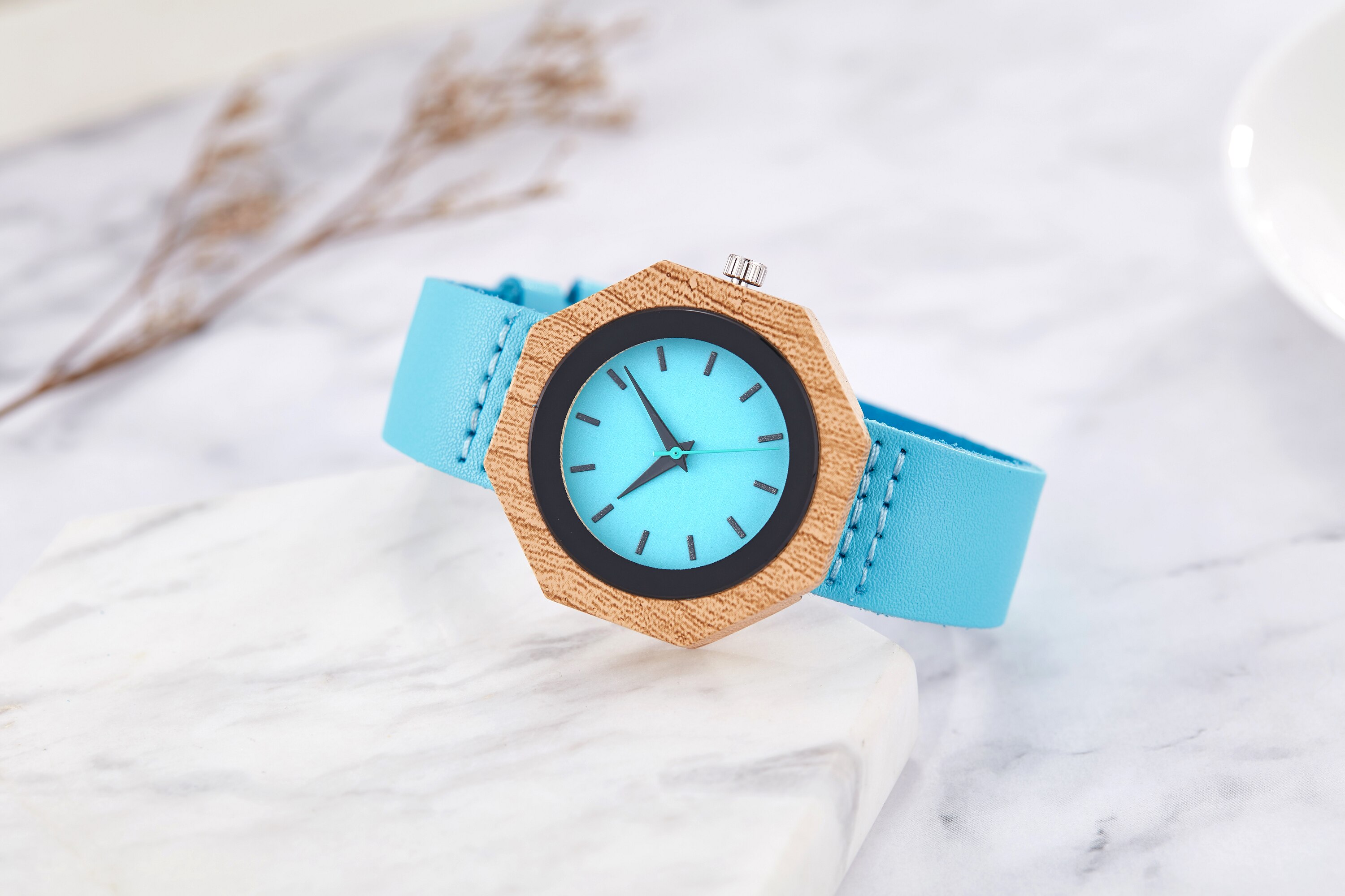 Imiteret træ kvarts ur mænd kvinder træ ure blå skive sekskant urkasse ure læder band par elsker håndled: Type c mand