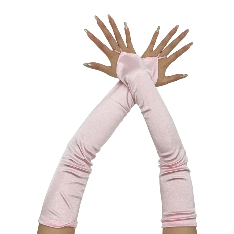 Long Gloves for Women Dancing Elastic Fingerless Gloves Satins: pink