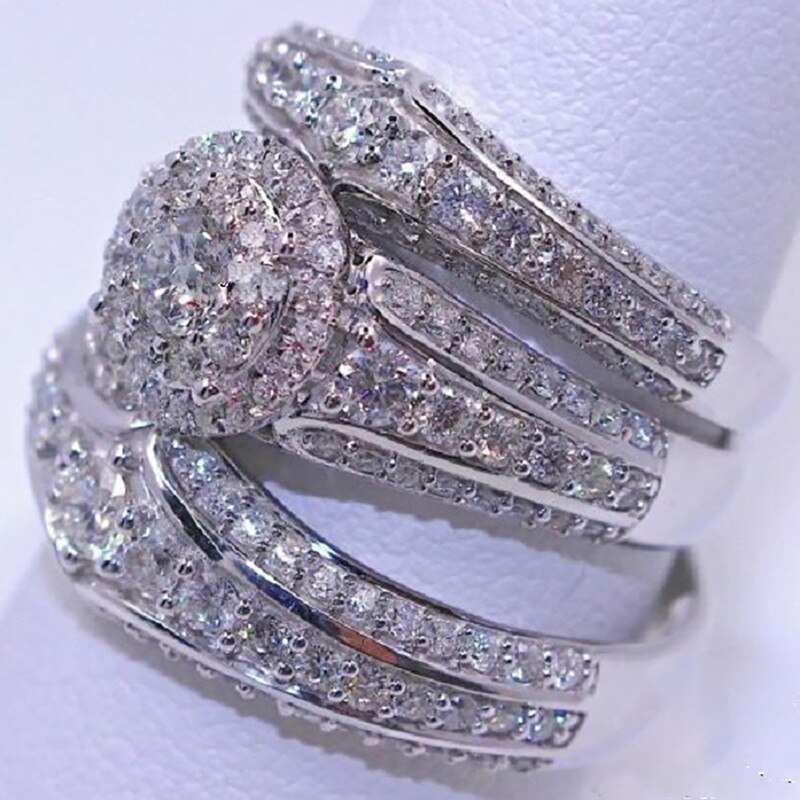 3 pçs/set Luxo Requintado Mulheres Anel de Cristal Branco de Noiva Banquete Cocktail Aniversário Anel de Noivado Anel de Casamento Conjunto de Jóias