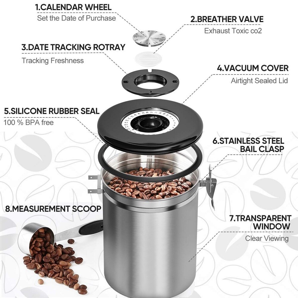 Coffee Storage Container Airtight Stainless Steel Vault Coffee Bean Canister with CO2 Valve to Keep Beans Fresh Grains Candy Jar