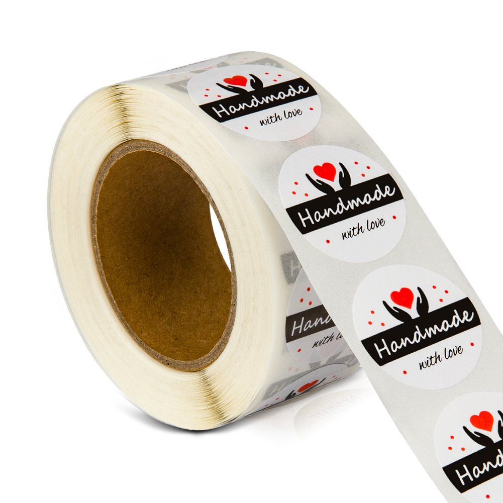 Handmade with Love Stickers, 1 Inch Round Total 500 Adhesive Labels Per Roll