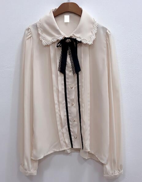 Forår kvinders søde toppe preppy stil vintage japanere korea knap formelle skjorter bluser pink hvid 12020: Beige / S