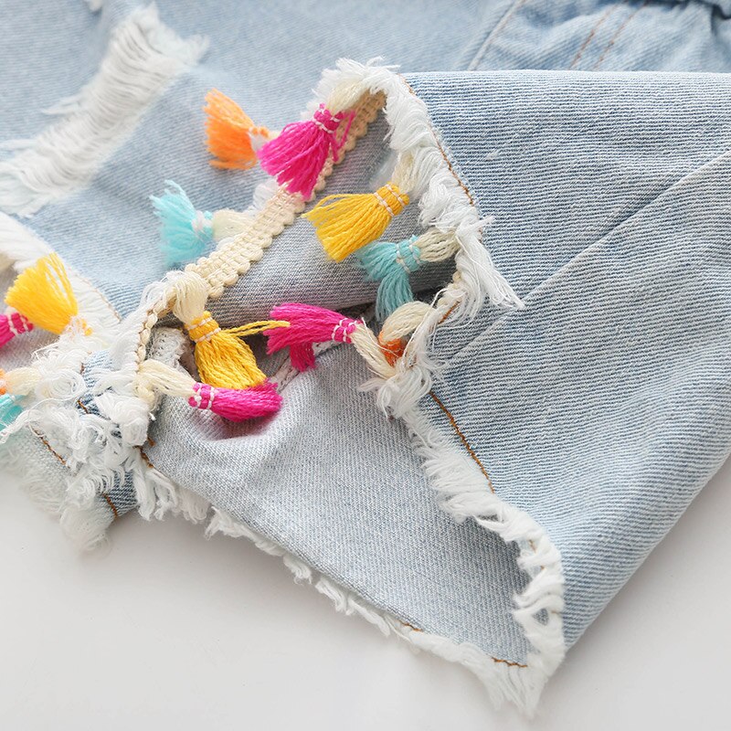 Summer Ethnic Style 3 4 6 8 10 12 Years Teenager Children Short Jeans Pants Baby Kids Hole Denim Tassel Shorts For Girls