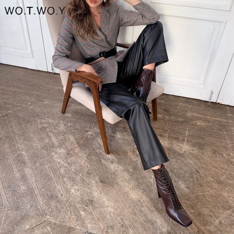 Wotwoy elastisk hög midja fleece raka skinnbyxor kvinnor löst lapptäcke konstläder byxa kvinnor fickor mujer pantalone