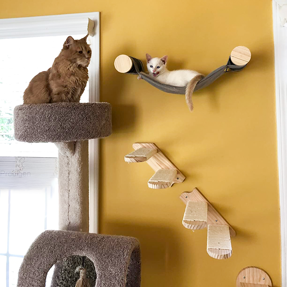 Cat Tree Wall Mounted Cat Climbing Wood Shelves Cat Jumping Platform or Hammock with Stairway for Kitten Playground Furniture