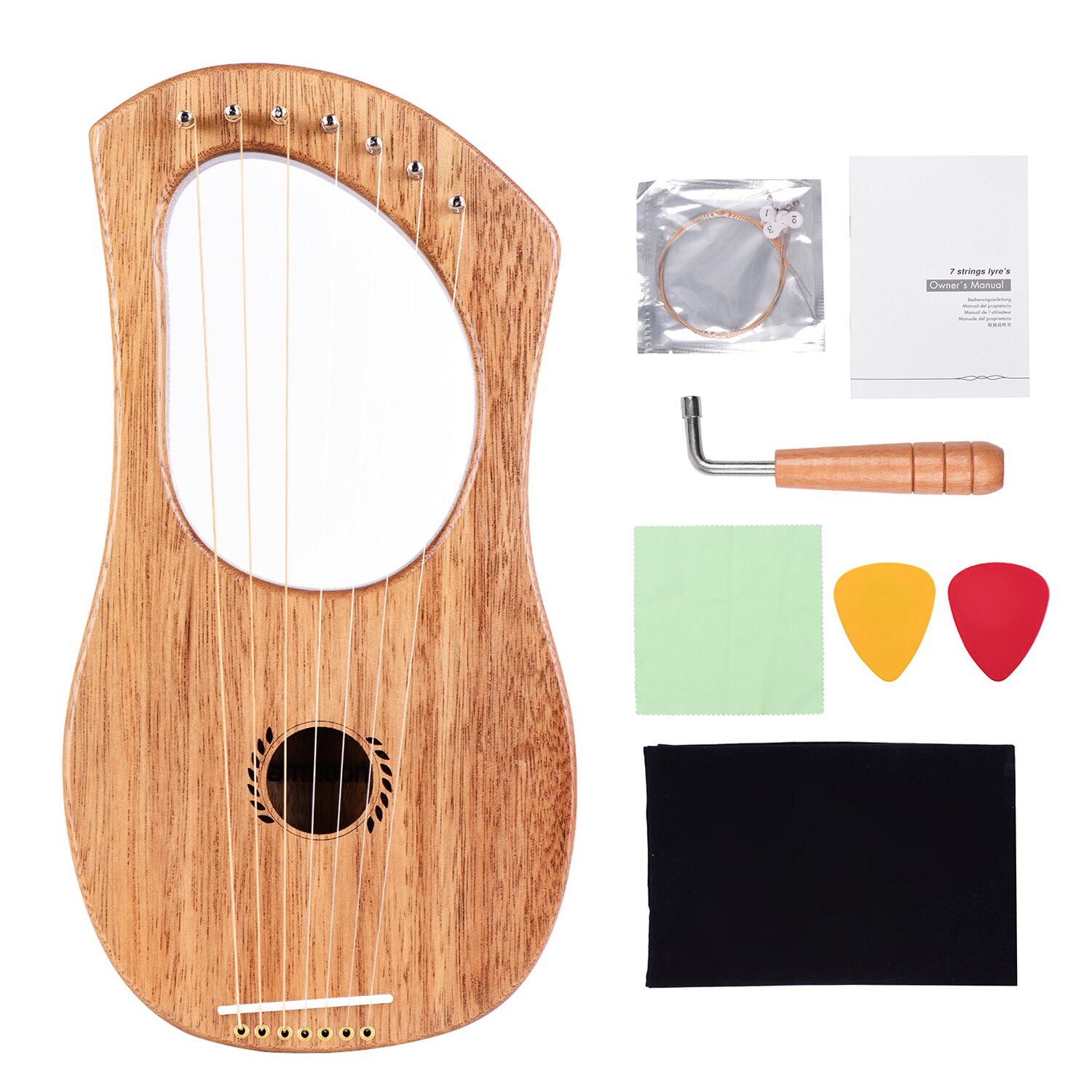 7-String Lier Harp Oude Stijl Lyres Terminalia Hout String Instrument Met String Set Stemsleutel Schoonmaakdoekje 2 stuks Picks