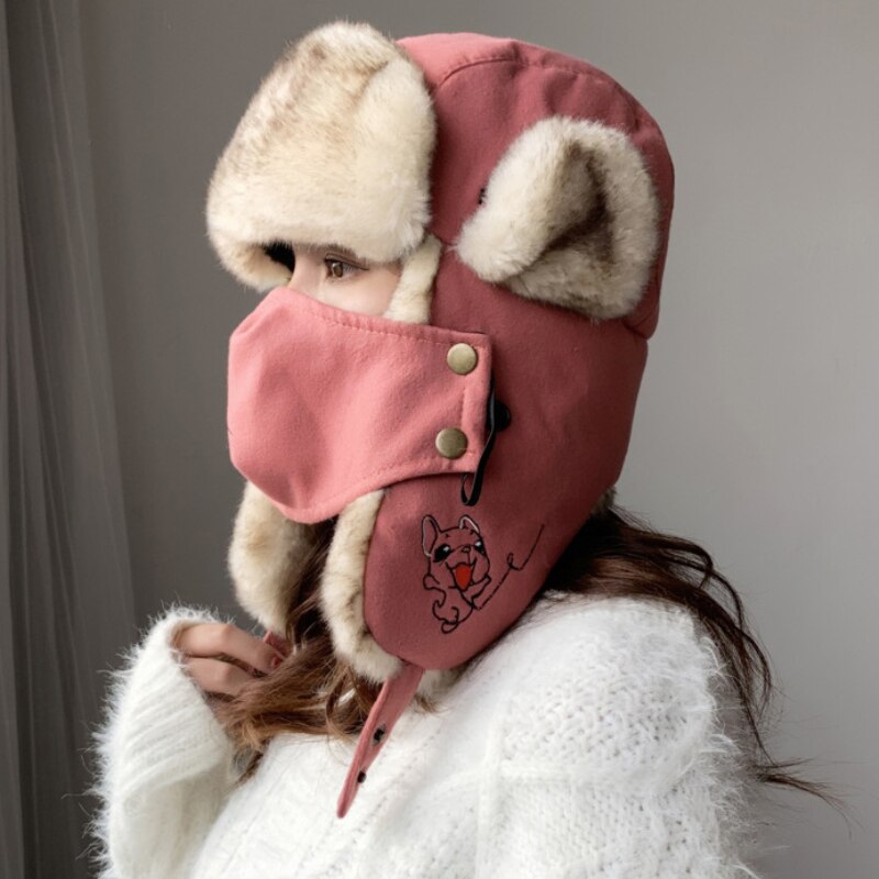 HT2876 gorro ruso grueso y cálido para mujer, gorro de Invierno para mujer, gorro con orejeras, gorro de esquí para nieve, máscara de mujer, gorro de piel Ushanka, sombrero de bombardero para mujer: brick-red