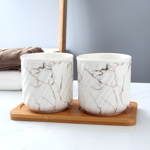 Ceramics 270ml Brushing Cup Simple Style Mouthwash Cup Marble Thread Lotion Bottle Separate Press-type Empty Bottle Couple Suit: K