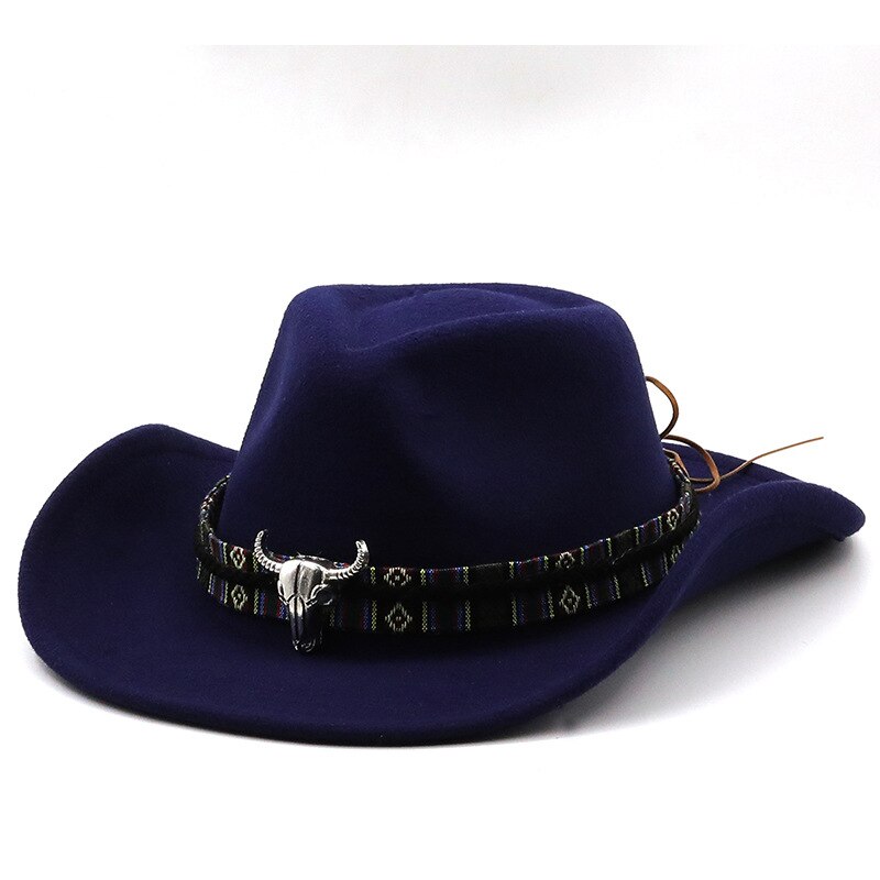 Western Cowboy Hoed Met Koe Hoofd Band Brede Rand Hoed Pop Jazz Hoed Winter Mannen Vrouwen Jazz Wollen Muts koe Meisje Hoed: Dark blue