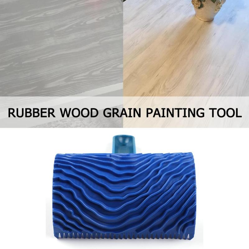 Blå gummi træ korn maling rulle diy korn maleri værktøj træ korn mønster væg maleri rulle med håndtag hjemme værktøj