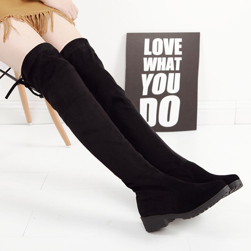 Dij Hoge Laarzen Vrouwelijke Winter Laarzen Vrouwen Over De Knie Laarzen Platte Stretch Sexy Mode Schoenen Zwart Botas Mujer: Black / 9