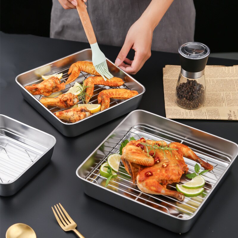 Square Stainless Steel Baking Pan with Grid Plate Bakeware BBQ Tools Chicken Roaster Rack Home Kitchen Cooking Baking Tray Dish