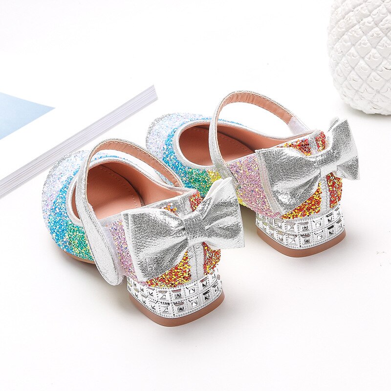 Lemai nó azul sapatos de couro para meninas novo 2021 criança arco-íris lantejoulas princesa sapatos crianças de cristal de salto alto único sapatos