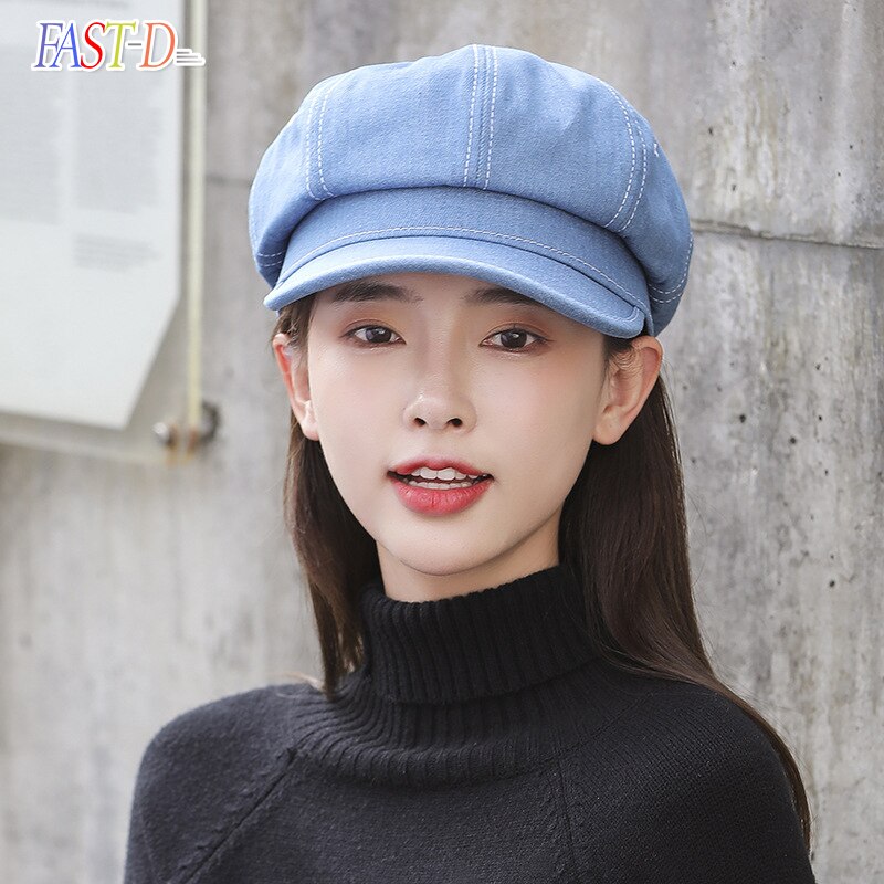Spring Blue Cowboy Octagonal Hat Girl'S Japan Harajuku Literature Bay Hat Light Printmaker Hat Male Retro Beret Caps