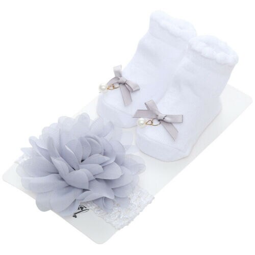 Newborn Solid Color Lace Baby Socks Bow Princess Cute Baby Socks+ Hair Band set: Color E
