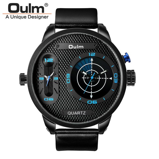 Oulm 3221B Grote Wijzerplaat Mannen Sport Horloges Luxe Mannelijke Quartz Klok Twee Tijdzone Lederen Band Horloge: Blauw