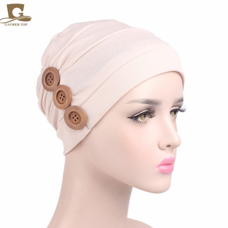 Luxe dames zachte chemo muts slaap tulband hoed voering voor kanker haaruitval drie houten knopen: Beige