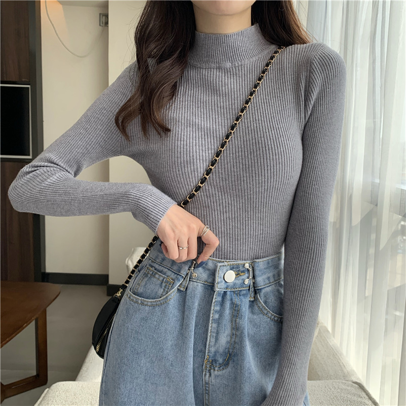 Zjaiss 2025 Herfst Basic Dieptepunt Trui Top Vrouwen Geribbelde Zachte Mock Hals Elastische Trui Warme Effen Kleur Slanke Jumper: GRIJS