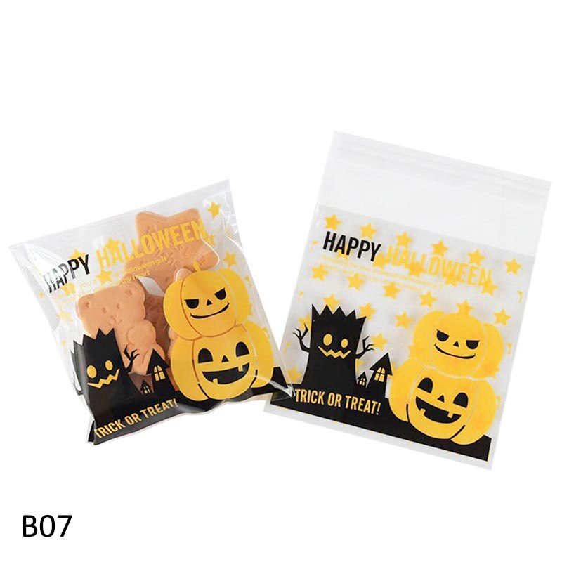 10*10cm läpinäkyvää muovia karkkipussi halloween herkkupussi keksi keksit pakkaus halloween syntymäpäiväjuhlien sisustustarvikkeet: B07 kurpitsaa / 100 kpl