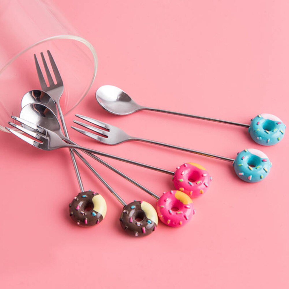 Donut Cute Stainless Steel Doughnut Dessert Spoon Fork Coffee Ice Cream Candy Kitchen Flatware Baby Kids Dinnerware