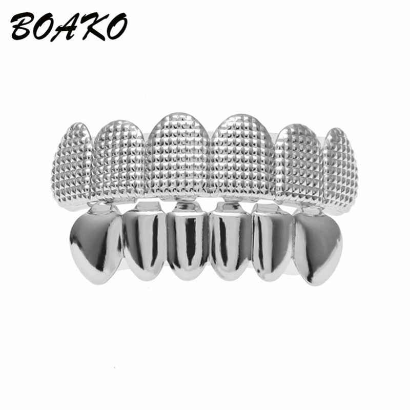 BOAKO Gold Bump enrejado dientes Grillz Hip Hop parrillas de parte superior e inferior de los hombres Dental boca Punk diente tapas rapero Cosplay joyería del cuerpo