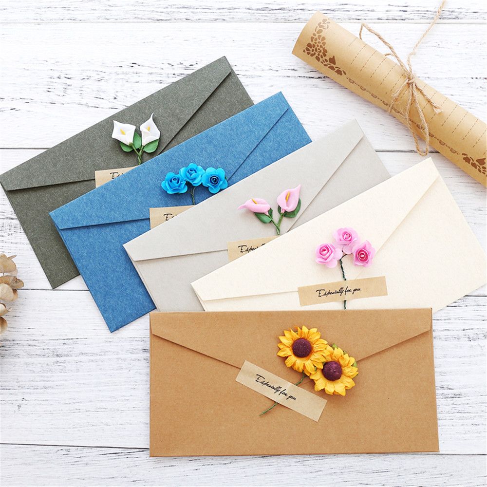 2 uds sobres de flores secas Vintage con letras tarjetas postales de papel cubierta de tarjeta de felicitación papelería Linda invitación de de boda