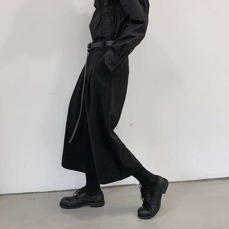 Menn svart kimono bukse løs avslappet ull bukser med brede ben med belte mannlige japan streetwear hip hop gotisk rett haremsbukse