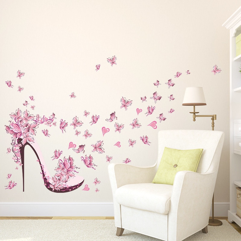 Roze vlinder hoge hakken muursticker voor woonkamer meisje kamer achtergrond decoraties Decals Muurschilderingen Stickers op de muur