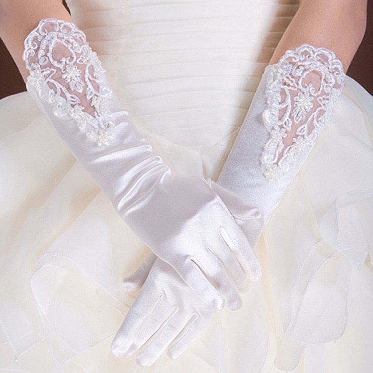 Guantes largos de 38cm con cuentas para mujer, traje de baile de dama de honor, boda, , de encaje,