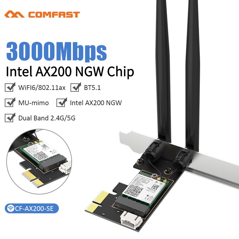 3000Mbps WiFi 6 PCI-E Network Card 802.11ax/ac Dual band 2.4G/5GHz Wireless Intel AX 200 PCI Express WiFi Bluetooth5.1 Adapter