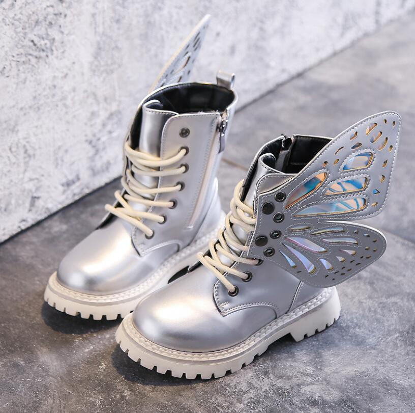 Herbst Winter Art Schuhe PU Leder Wasserdicht FlüGel Martin Stiefel freundlicher Schnee Stiefel Mädchen Jungen Hohe Stiefel Turnschuhe: Silber- / 31