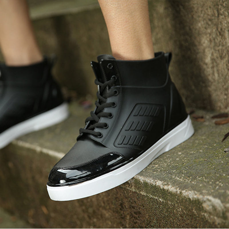 Botas de lluvia para hombre, Botas de lluvia impermeables para Primavera e invierno, botas de goma para hombre, botas de tobillo negras con cordones, zapatos ghy6