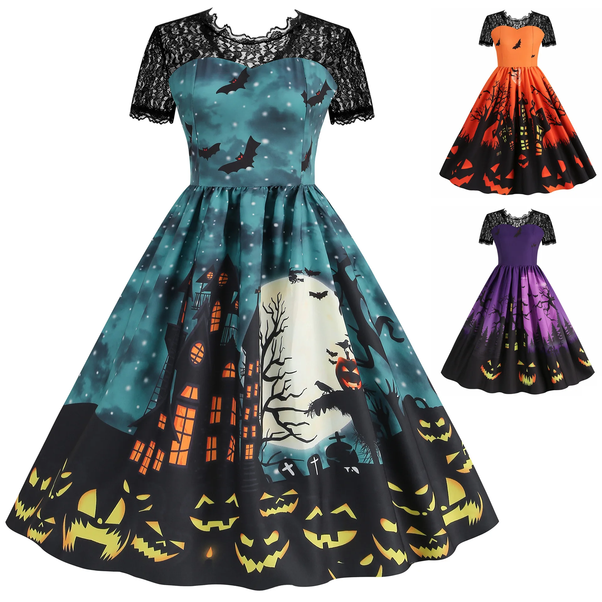 Contrast lace patchwork halloween print party night pleated dress women's festival clothing vintage midi dresses