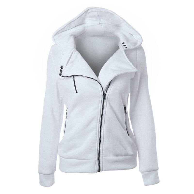 Sweat à capuche de skate femme automne hiver revers fermeture éclair vêtements d'extérieur femme couleur unie à capuche Oblique Zip sweat à capuche de skate: white / S
