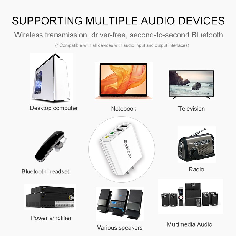 4 in 1 2.1A USB 2.0 Hub + Bluetooth 5.0 Receiver Transimtter with 3.5mm Jack Stereo Aux Audio Wireless Adapter for Speaker Car