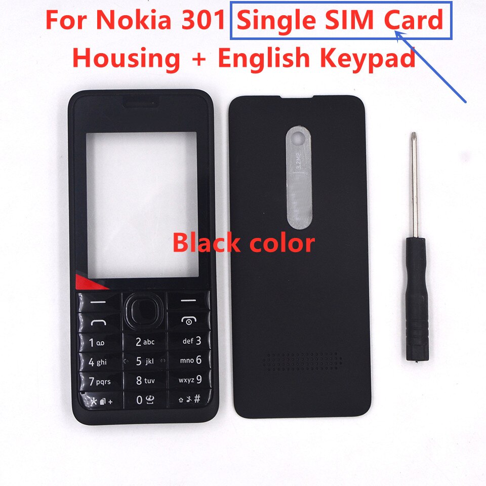 HKFASTEL 301 Housing For Nokia 301 Single Dual SIM Card Mobile Phone Cover Case + English Russian Arabic Keypad + Tool: Black Single English