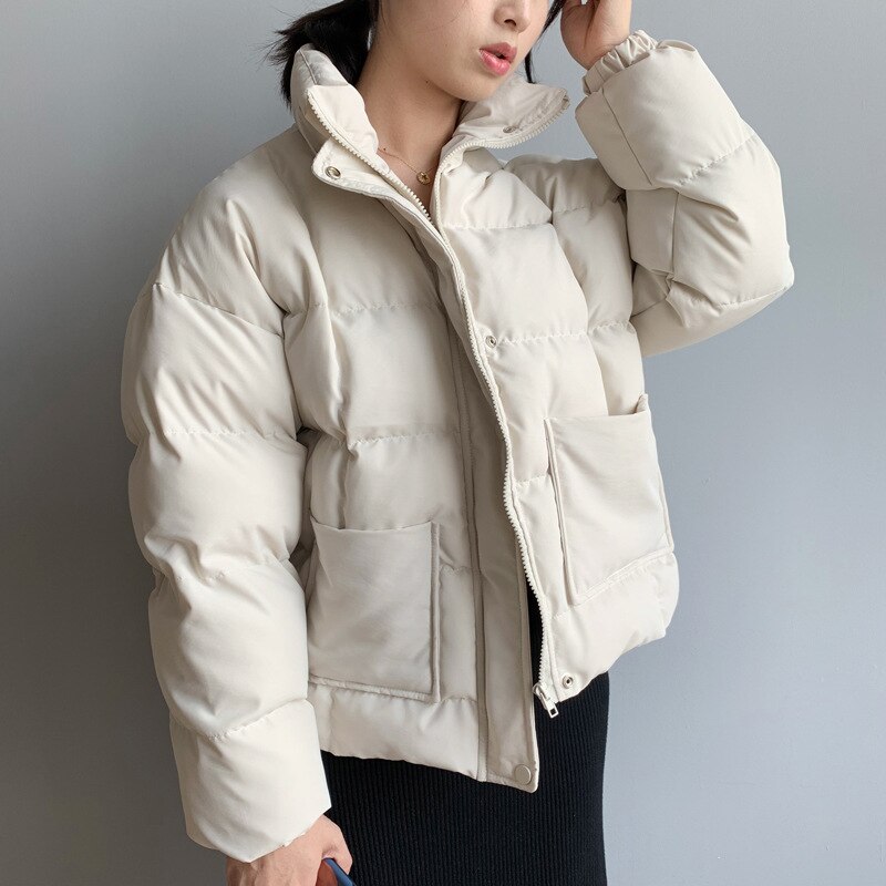 Chaqueta de invierno, abrigo para mujer, estilo coreano , chaquetas acolchadas y acolchadas, Parkas informales Beige para mujer, ropa de otoño negra para mujer: Casual Beige / M