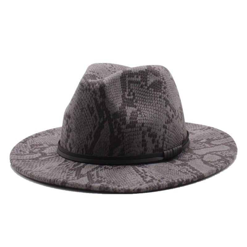 Seioum Autumn Winter Snake Pattern Jazz Fedora Hats Wool Felt Cap Wide Brim Chapeu Panama Party Formal Hat for Men Women: gray
