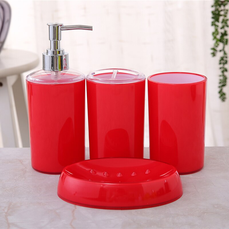 4 stk / sæt badeværelse tilbehør dragt plast sæbe dispenser kop tandbørste holder sæbeskål sæt: Rød 4 stk