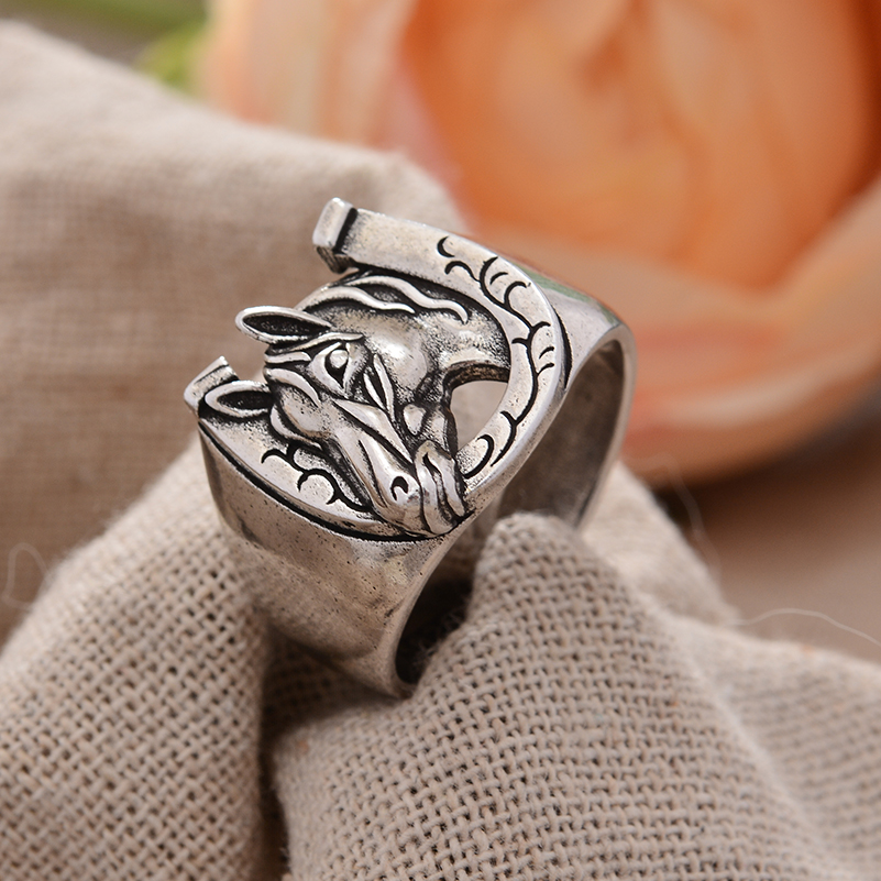 Anillos de Unisex de plata tailandesa con cabeza de caballo y herradura Vintage, joyería Original para mujeres y hombres,