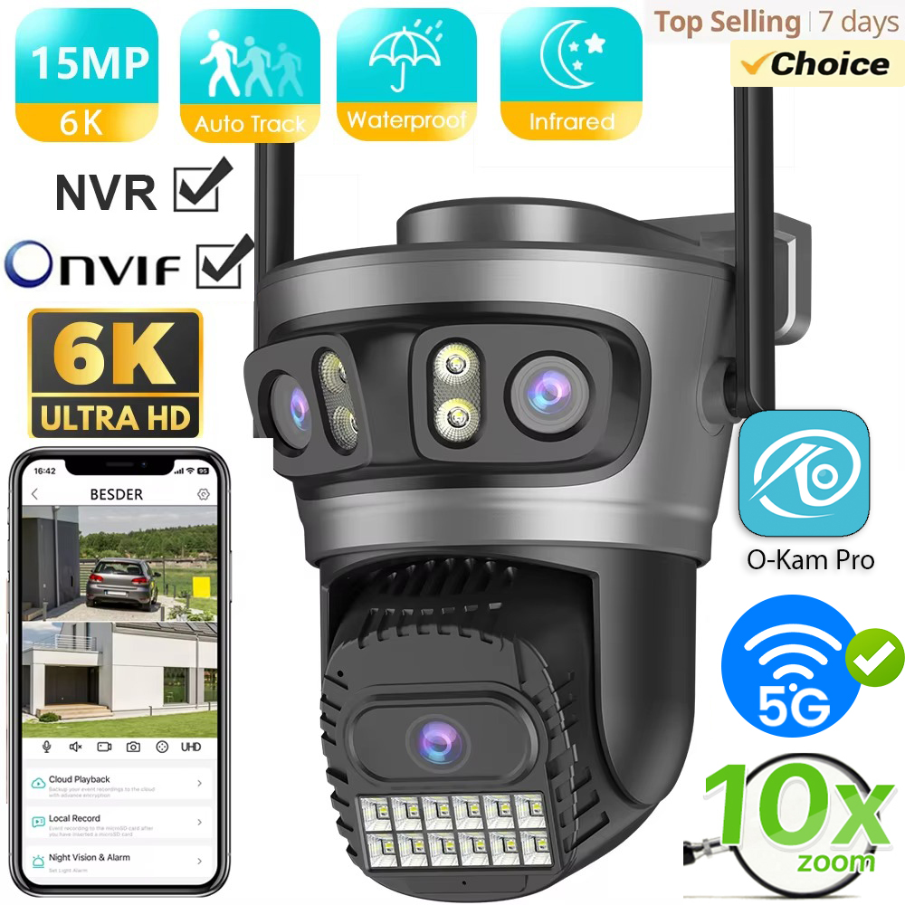 O-Kam Pro-Caméra de surveillance extérieure PTZ WiFi HD 15MP, dispositif de sécurité sans fil, avec suivi automatique et plusieurs écrans, n'aime numérique x10