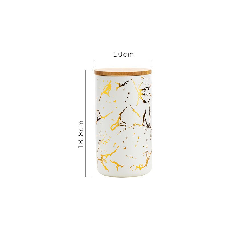 European Ceramic Storage Jar with Lid Marble Texture Kitchen Seal Cereal Dispenser Living Room Desktop Golden Stroke Candy Jar: D-large
