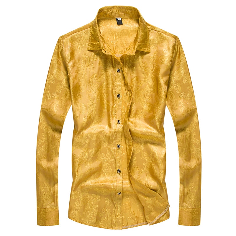 Purple Paisley Floral Shirt Men Autumn Slim Fit Gold Foil Printed Silk Shirt Male Casual Party Perform Chemise Homme
