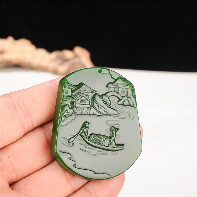 Chinese Natuurlijke Landschap Groene Jade Hanger Ketting Hand-Gesneden Charm Jadeïet Sieraden Mode Amulet Voor Mannen Vrouwen