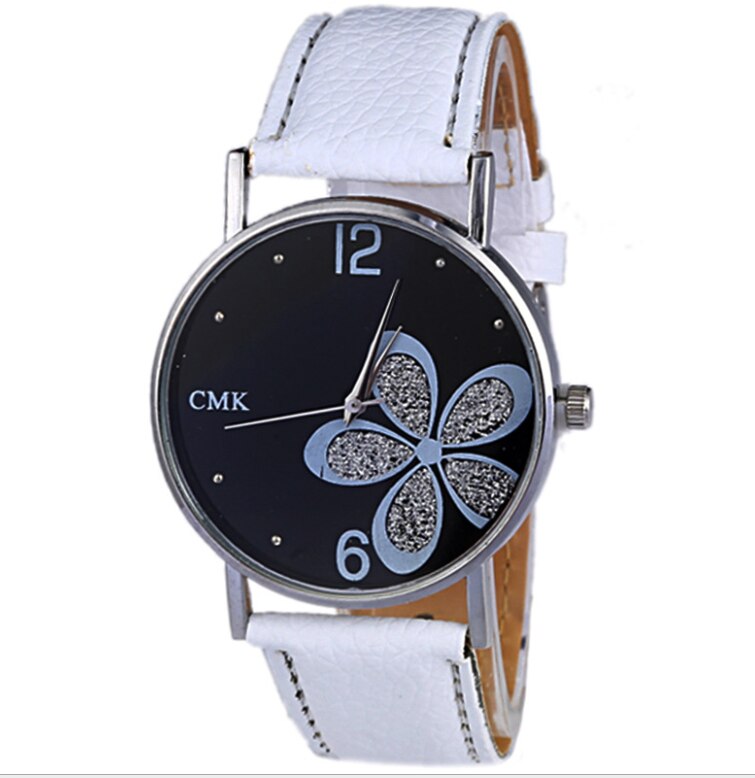 Horloges Vrouwen Mode Lederen Band Bloem Vrouwelijke Klok Dames Quartz Polshorloge Montre Femme Relogio Feminino: WHITE