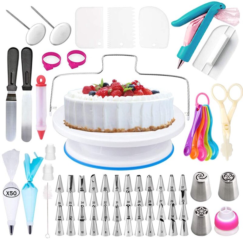 122Pcs/Set Non-slip Cake Turntable Set Stainless Steel Decorating Tip Set Baking Tool