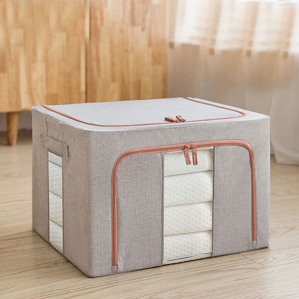 Home Sweater Clothes Storage Box Organizer Zipper Wardrobe Quilt Cotton Linen Portable Large Capacity Folding Steel Framework: Light Gray