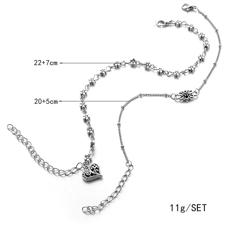 2 Pcs/set Trendy Anklet Silver Hollow Flower Carved Heart Double Layer Beach Ankle Bracelet Barefoot Anklets Bohemian Jewelry